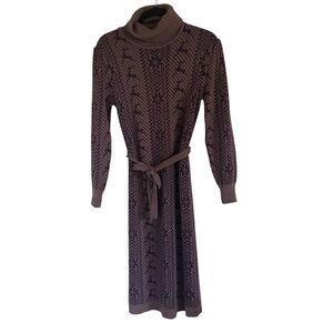 Outlander Brown Wool Blend Tie Waist Turtleneck Reindeer Snowflake Dress Medium